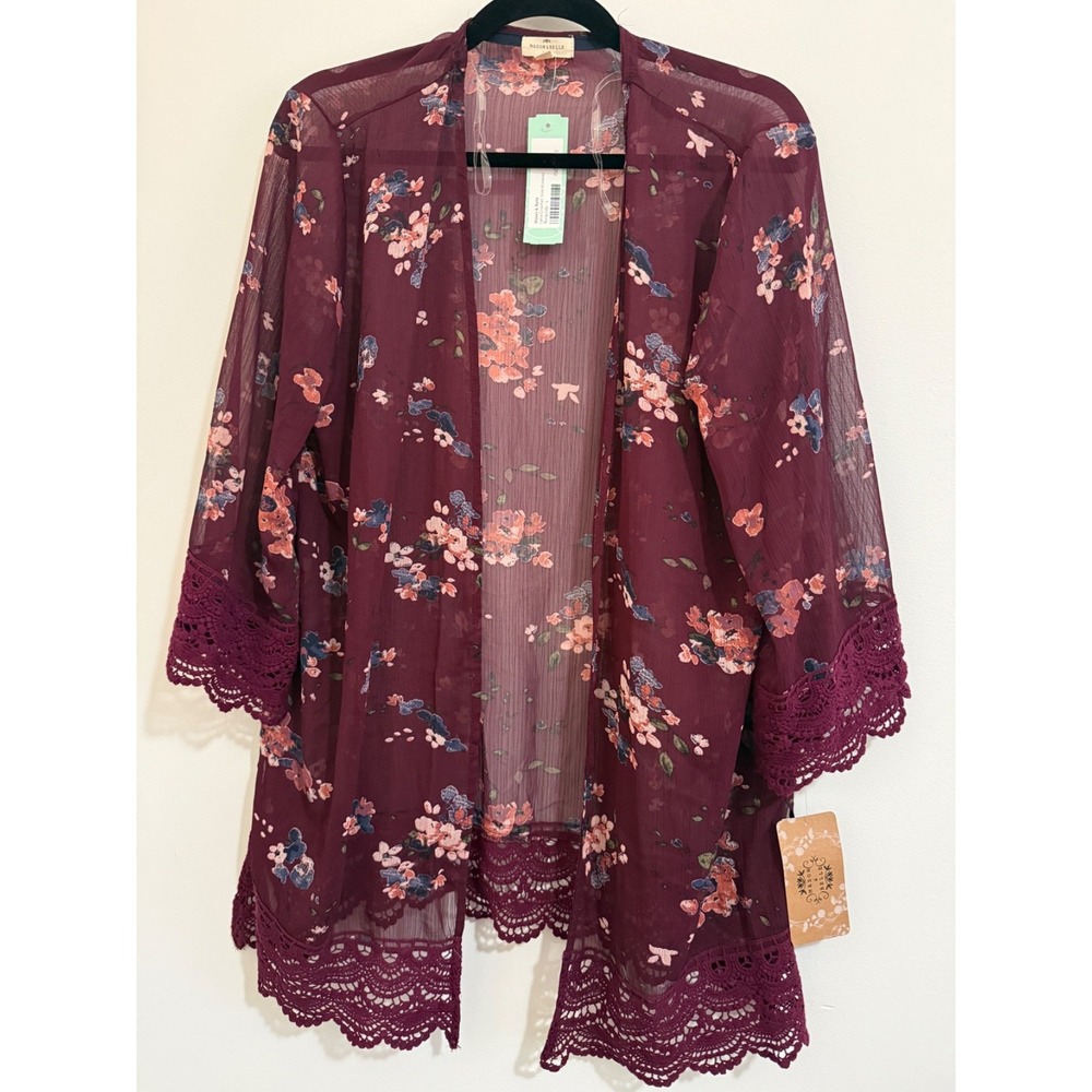 Mason & Belle Lace Trim Kimono  Burgundy Size Large NWT